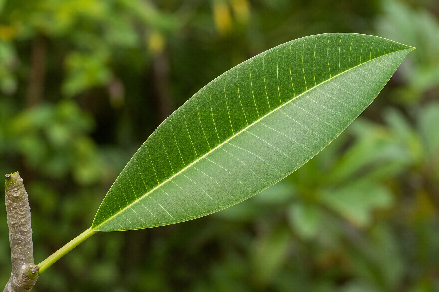 Complete mature plumeria leaf viewed from above with petiole and veins visible