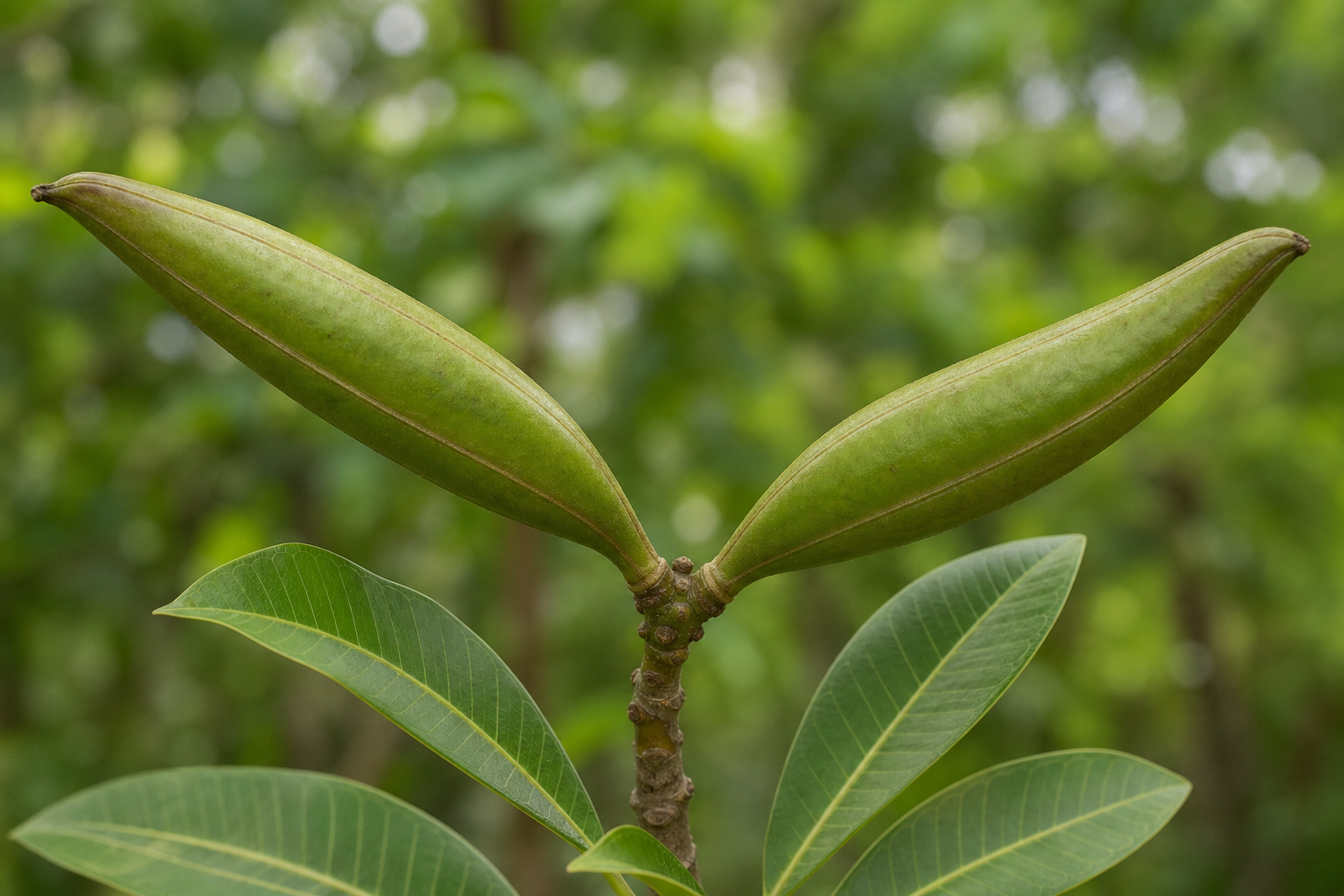 Paired closed plumeria seed pods attached to a living branch