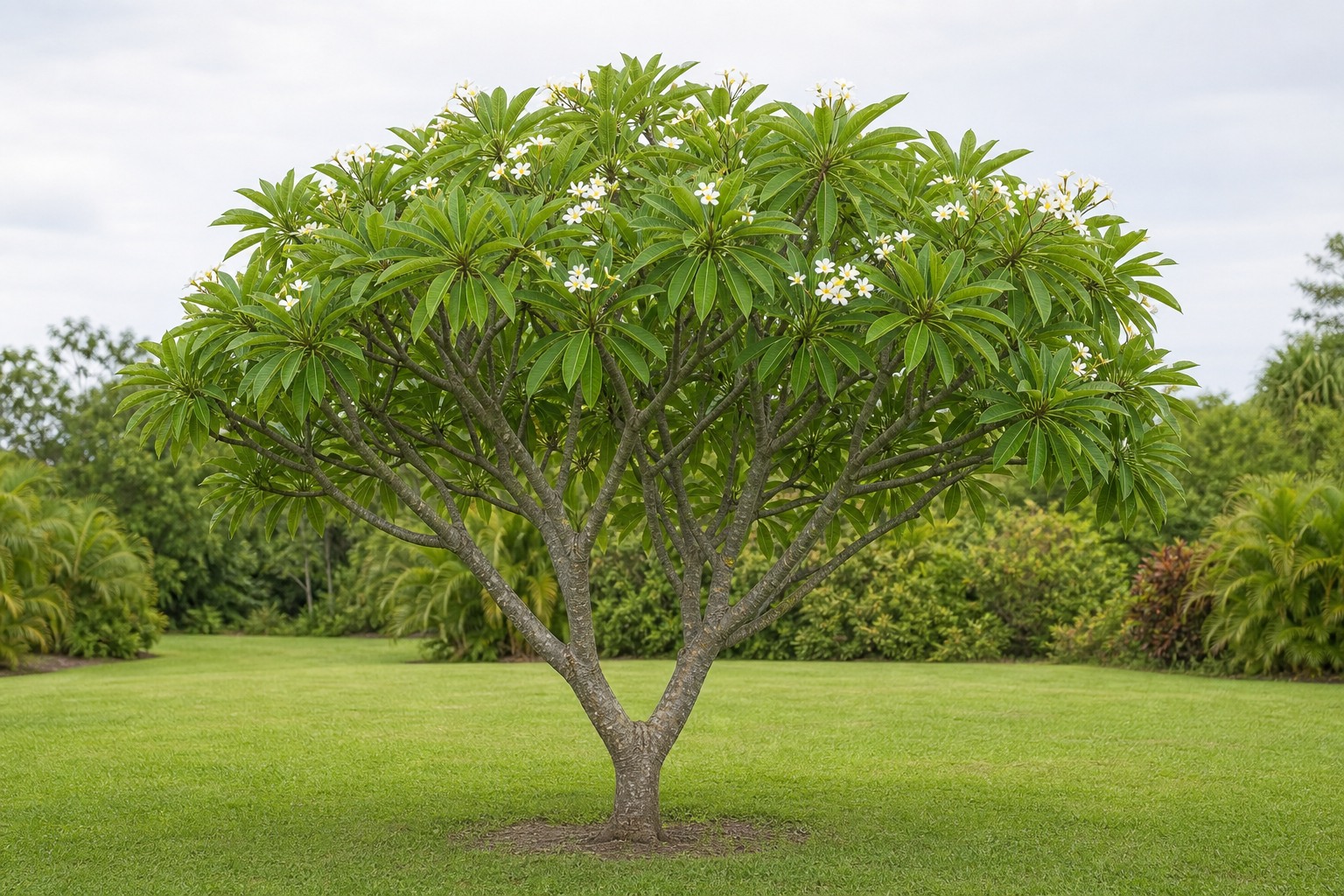 Complete mature plumeria tree visible from soil line through the entire canopy