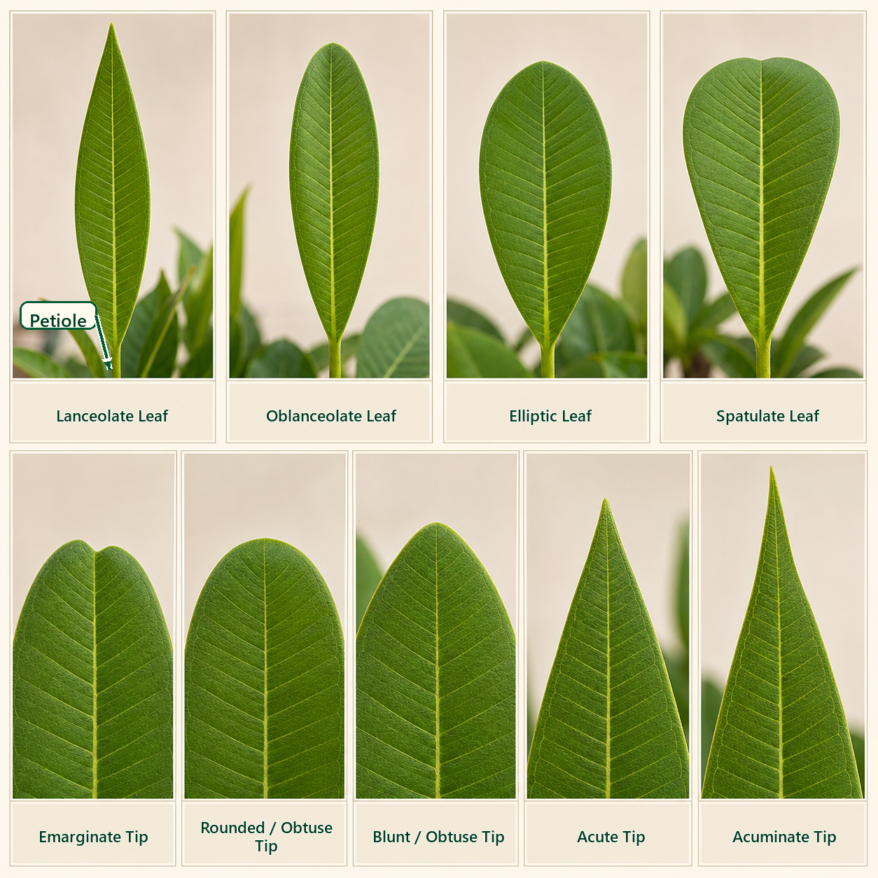 Labeled plumeria leaf shapes and petiole reference